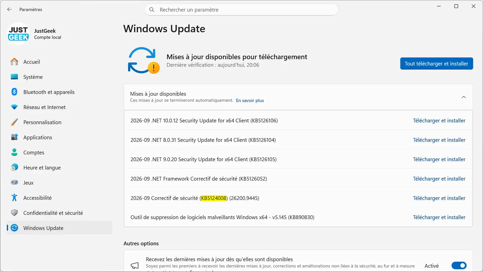 Mise à jour KB5124008 disponible dans Windows Update sur Windows 11