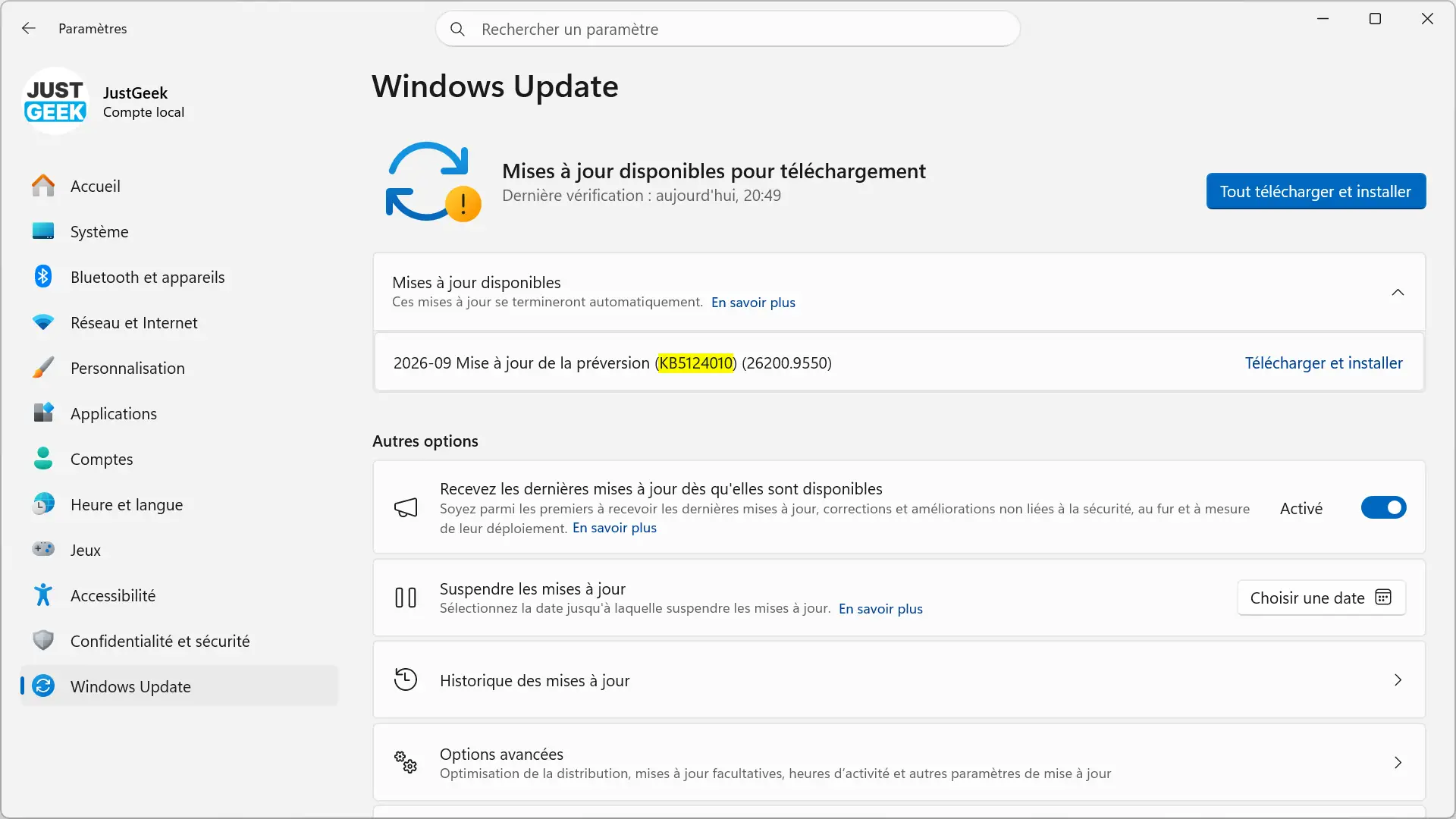 Optional update KB5124010 available for download from Windows Update on Windows 11 25H2.