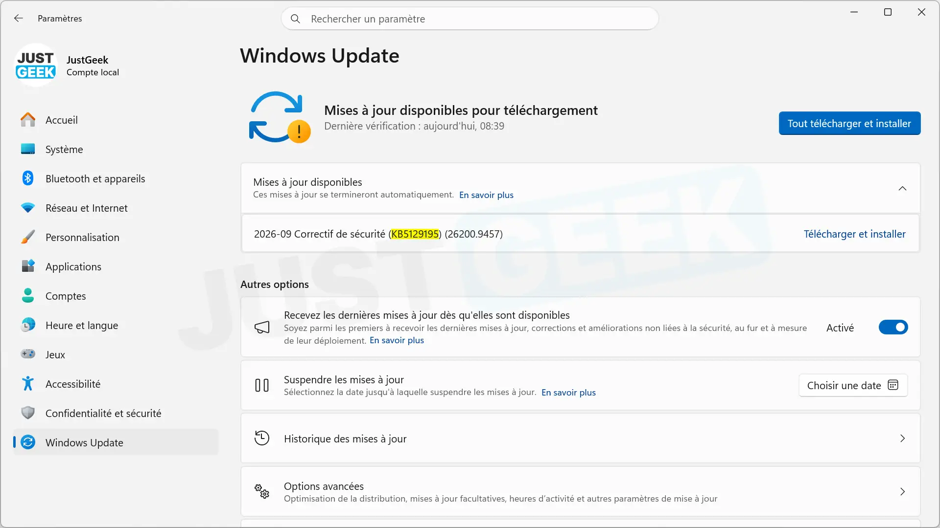 Mise à jour d'urgence KB5129195 proposée dans Windows Update sur Windows 11