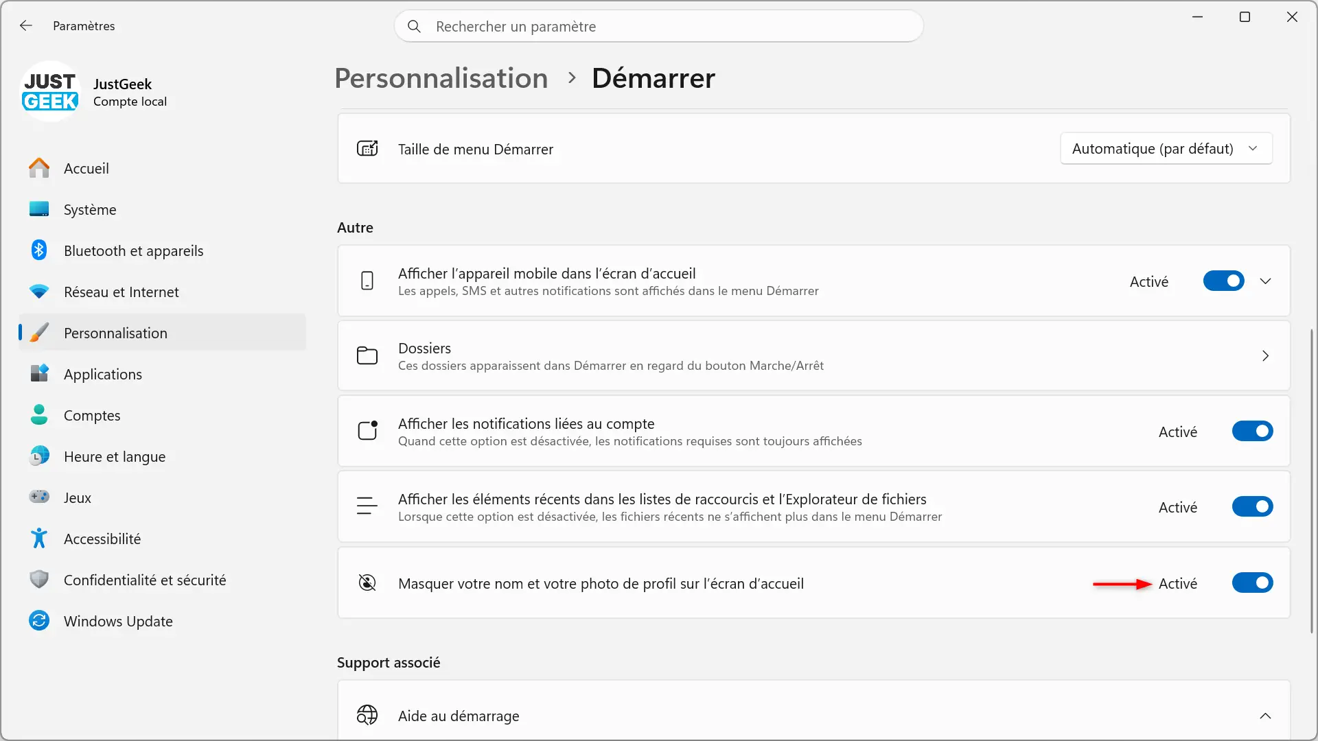 Option pour masquer votre nom et votre photo de profil dans le menu Démarrer de Windows 11