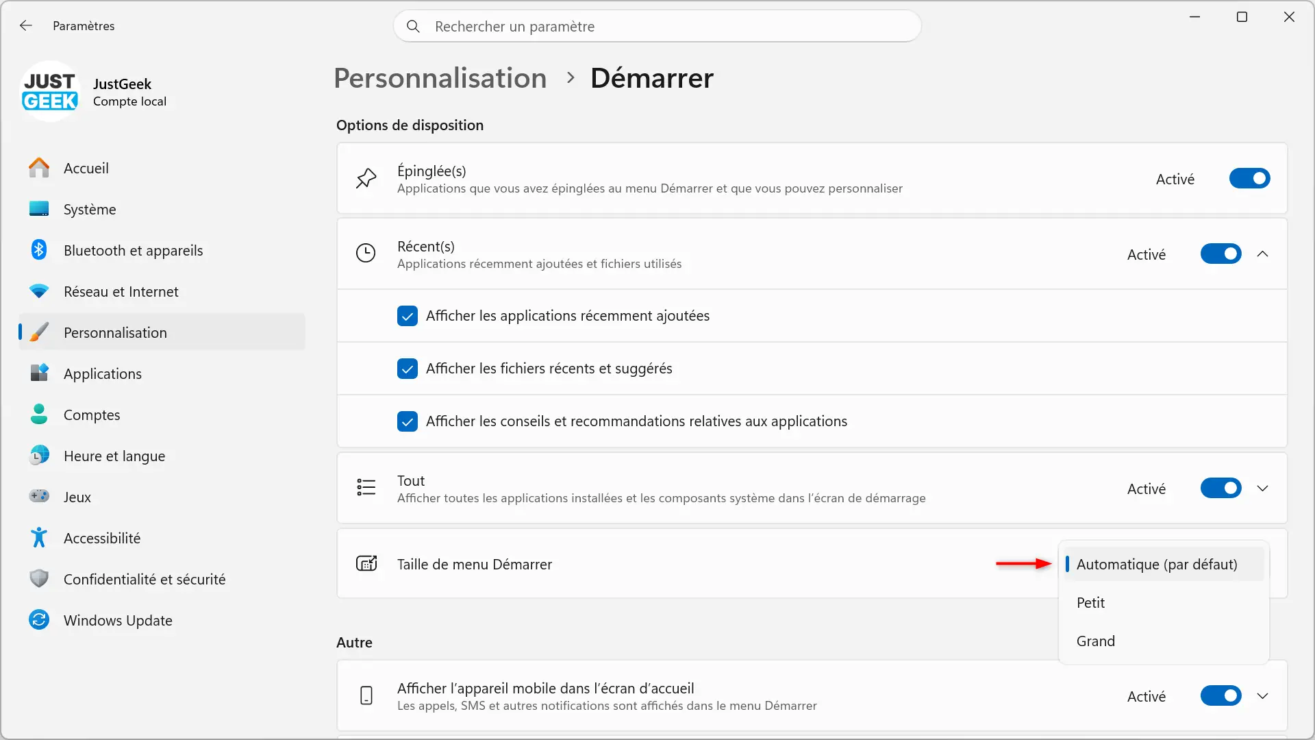 Options pour changer la taille du menu Démarrer dans Windows 11