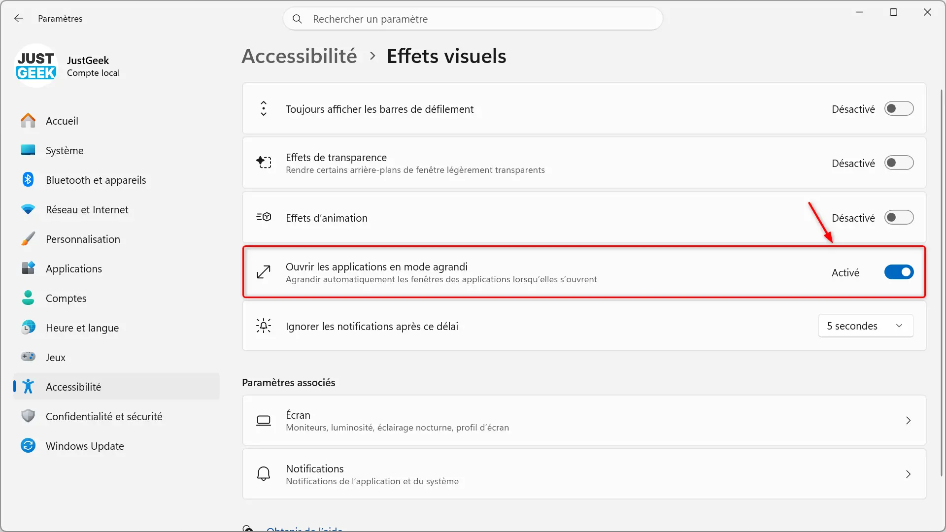 New “Open apps in maximized mode” option enabled in Windows 11 Accessibility settings.