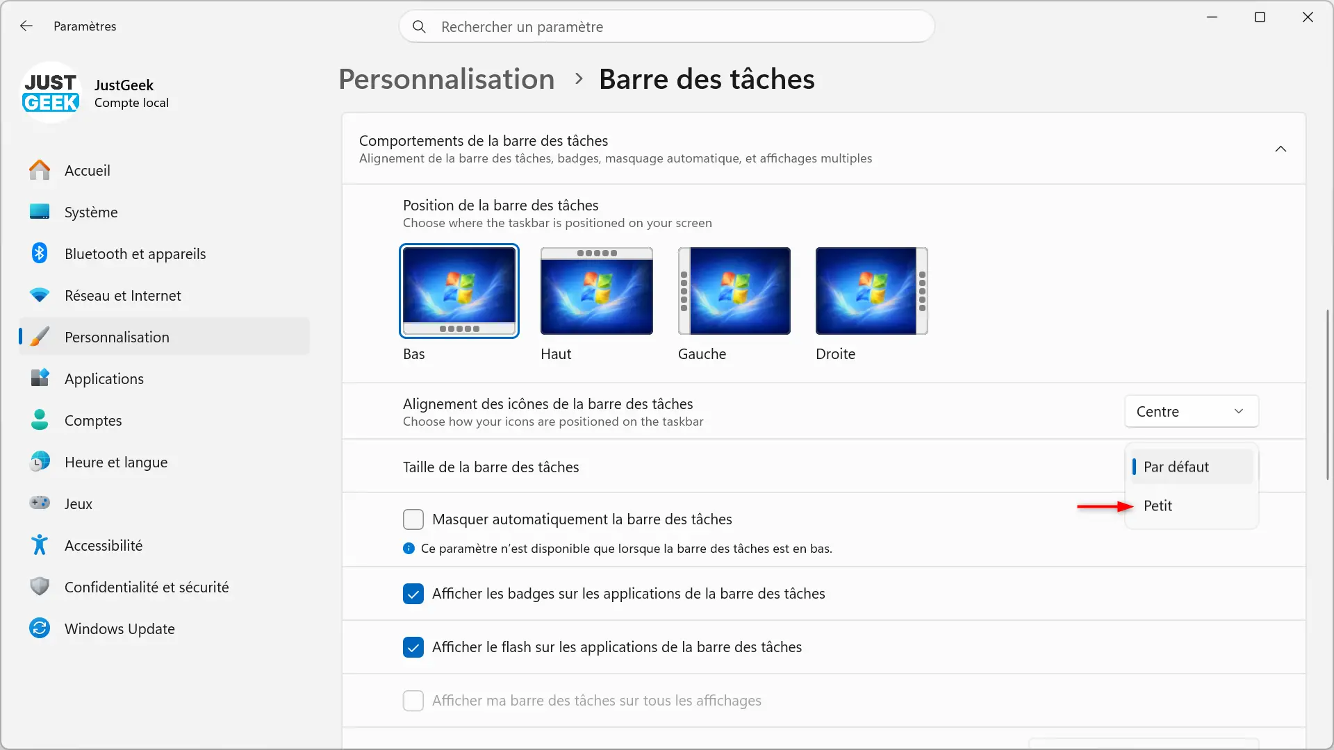 Option pour réduire la taille de la barre des tâches dans Windows 11
