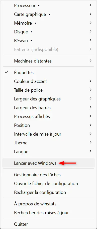 winstats configuration menu with option
