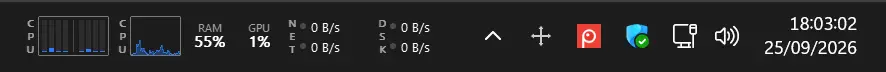 Winstats indicators in the Windows 11 taskbar showing CPU, RAM, GPU usage, as well as network and disk performance.