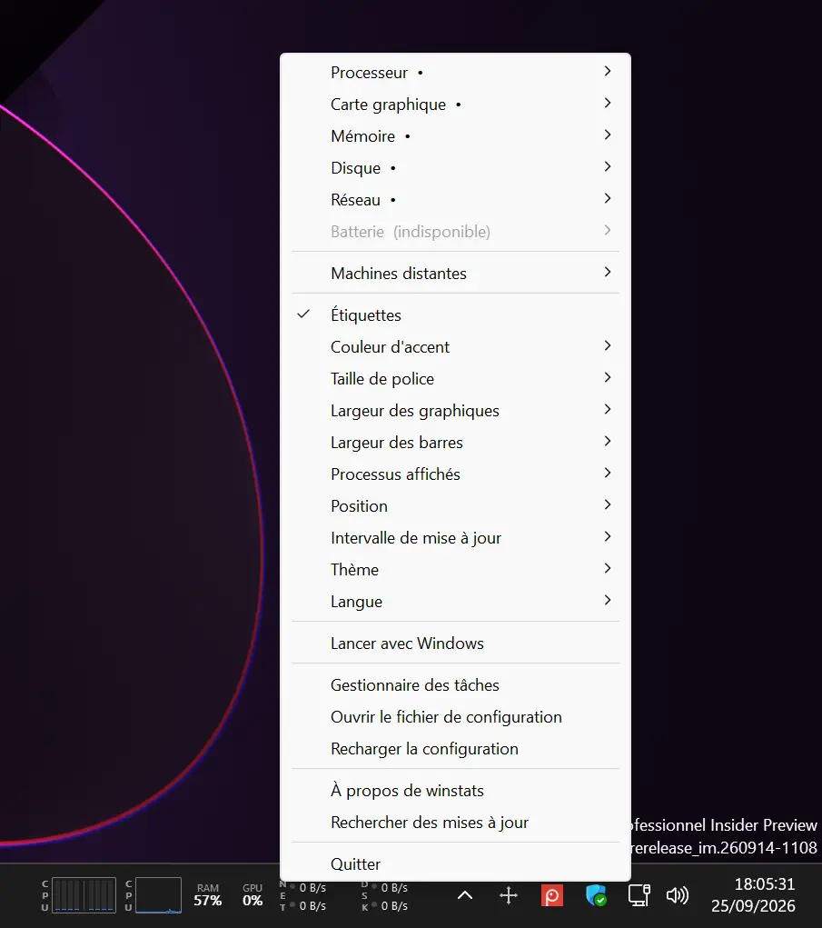 winstats settings menu to customize indicators, colors, graphs, refresh rate and theme.