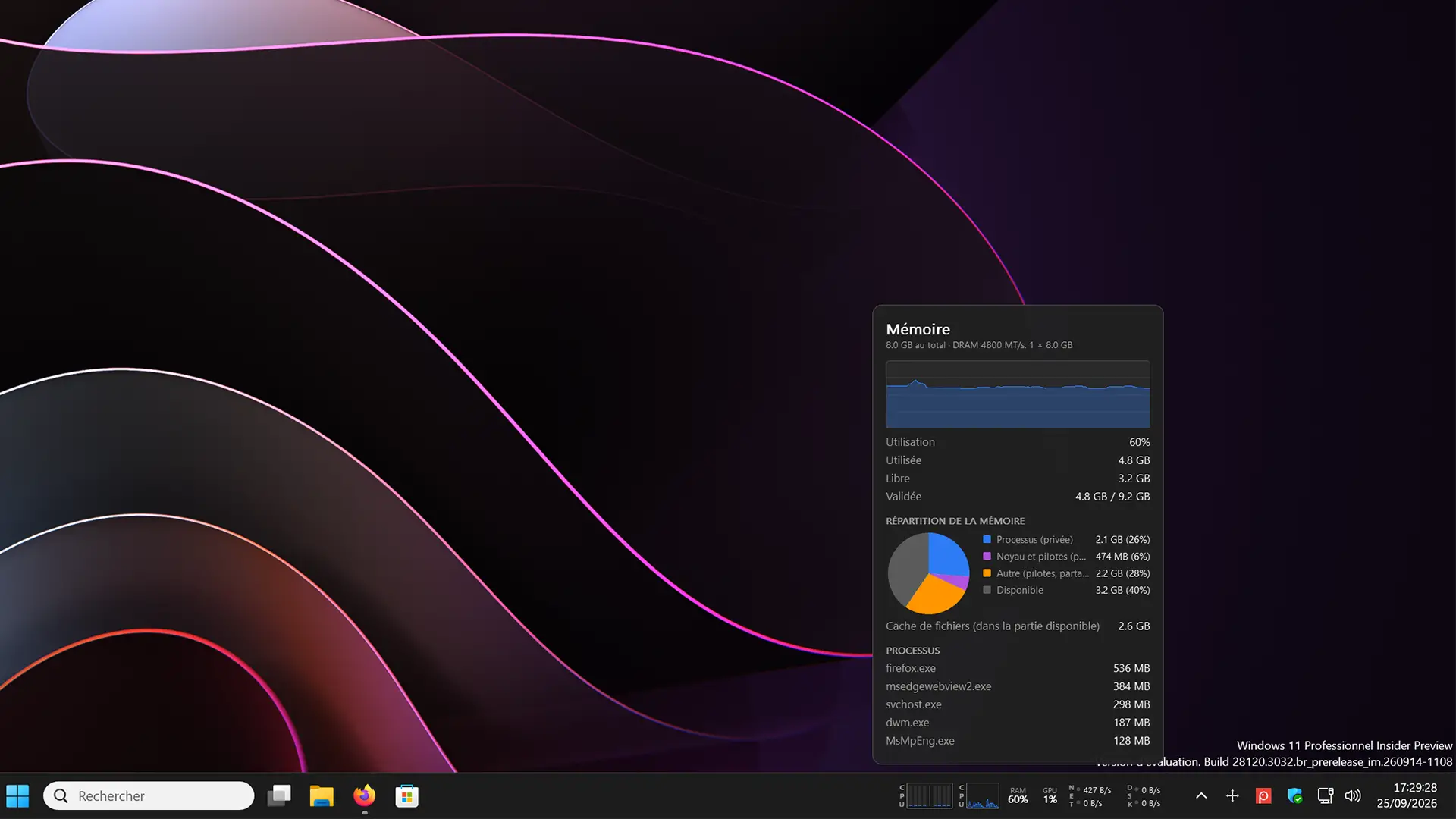 Winstats window showing RAM usage, a graph, memory layout, and most demanding processes.