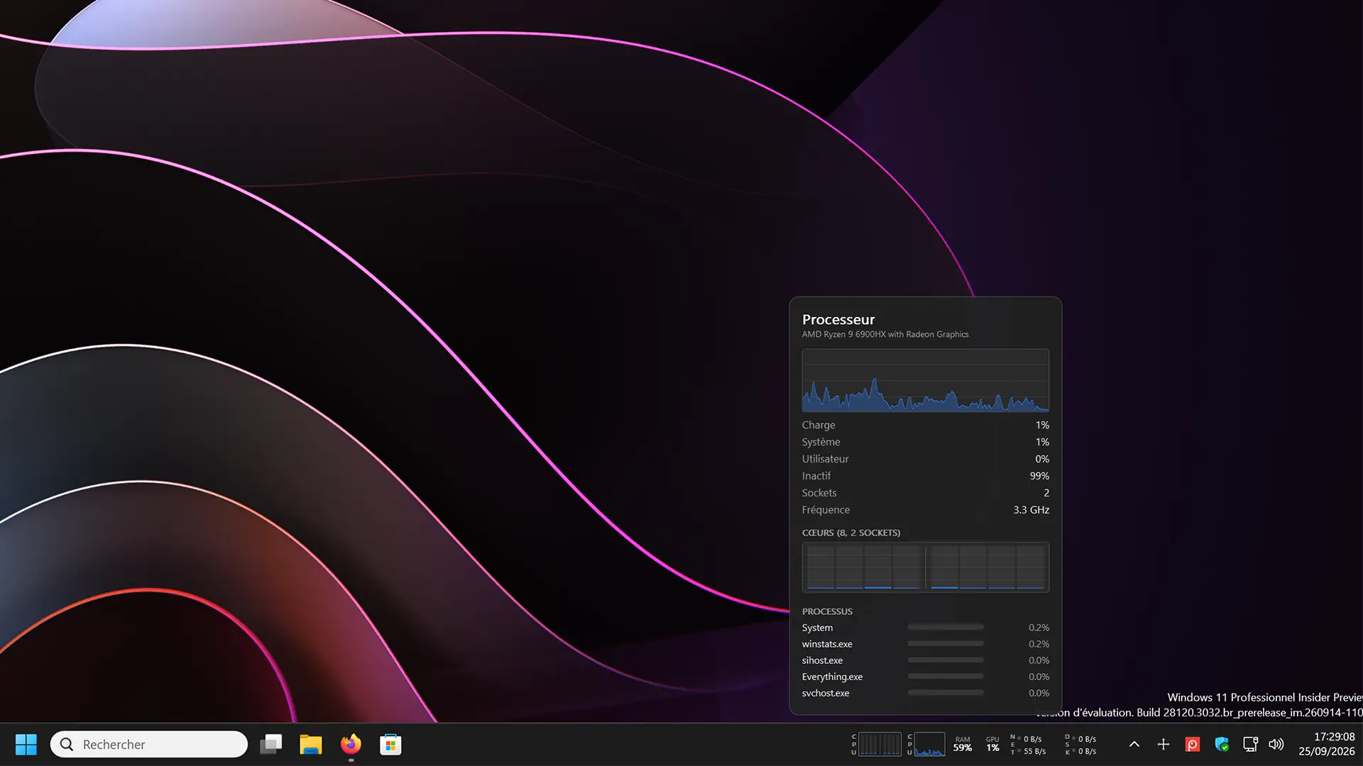 Winstats window that shows processor usage, frequency, activity of each core and the most demanding processes.