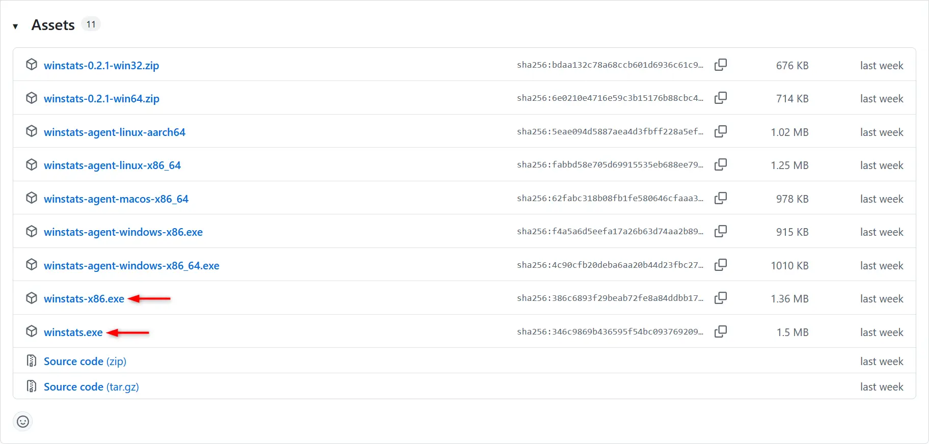winstats download page on GitHub with executable files for 32-bit and 64-bit Windows indicated with red arrows.