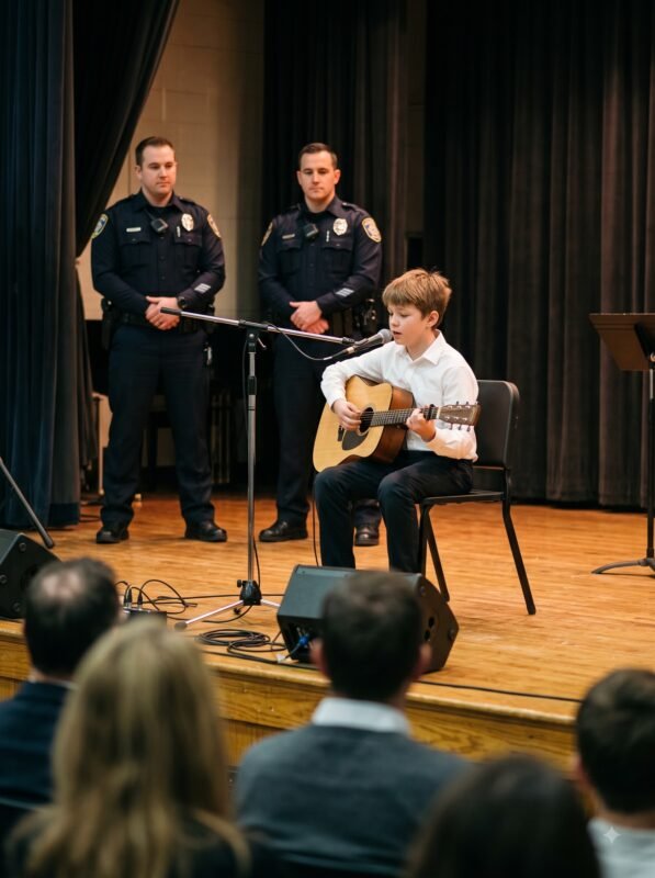 Boy playing guitar on stage 4