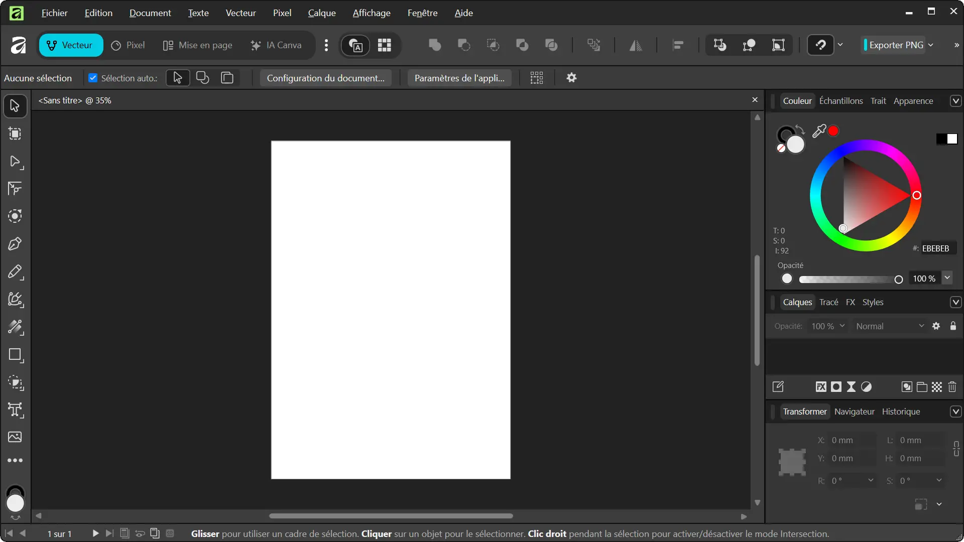 Affinity interface with a new document in design mode