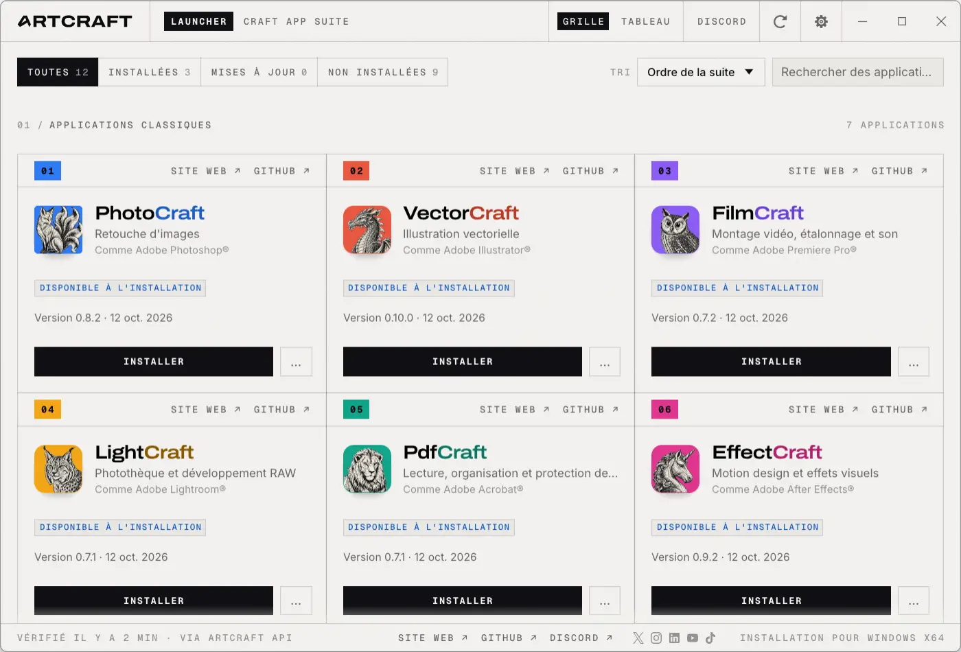ArtCraft Launcher interface showing the ArtCraft suite software, with their versions, installation status, and buttons to install them.