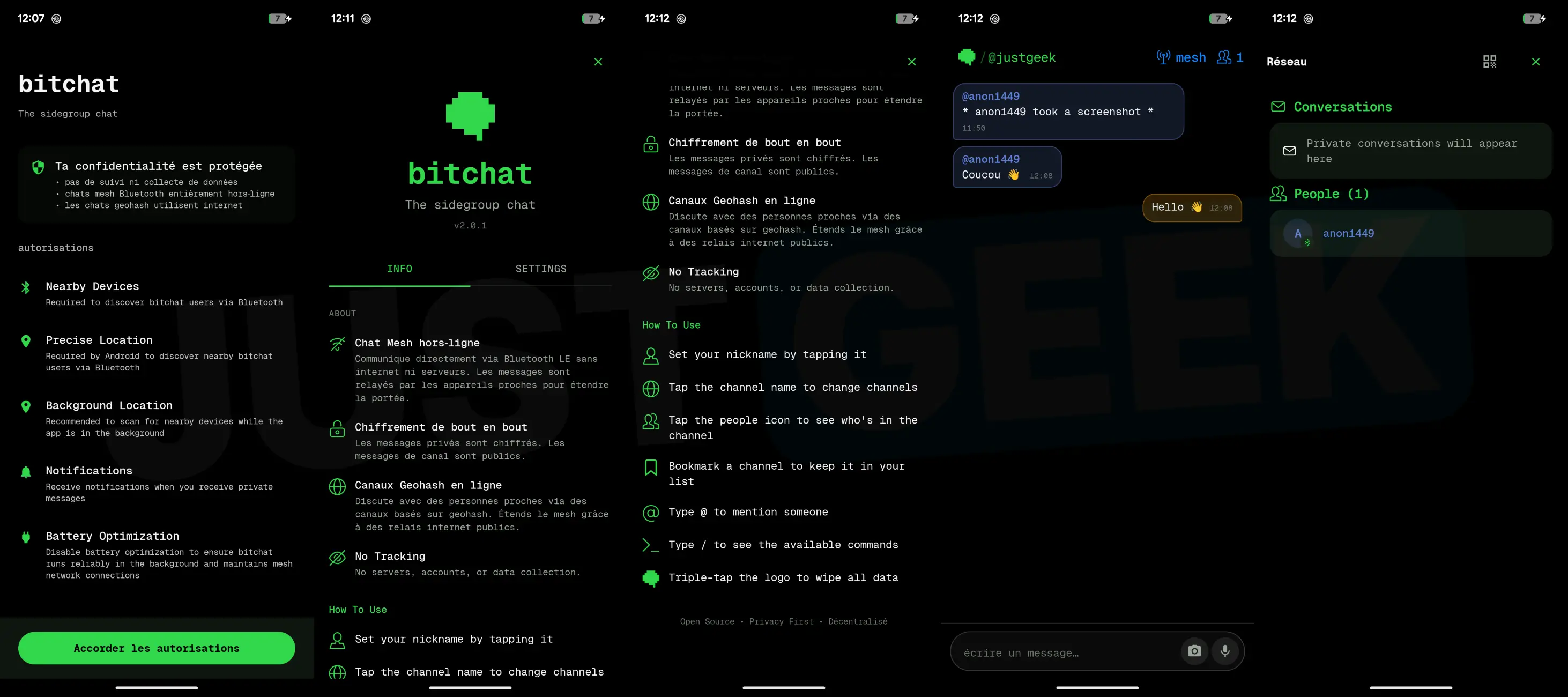 Screenshots of Bitchat on Android showing permissions, features, messaging over Bluetooth, and nearby users