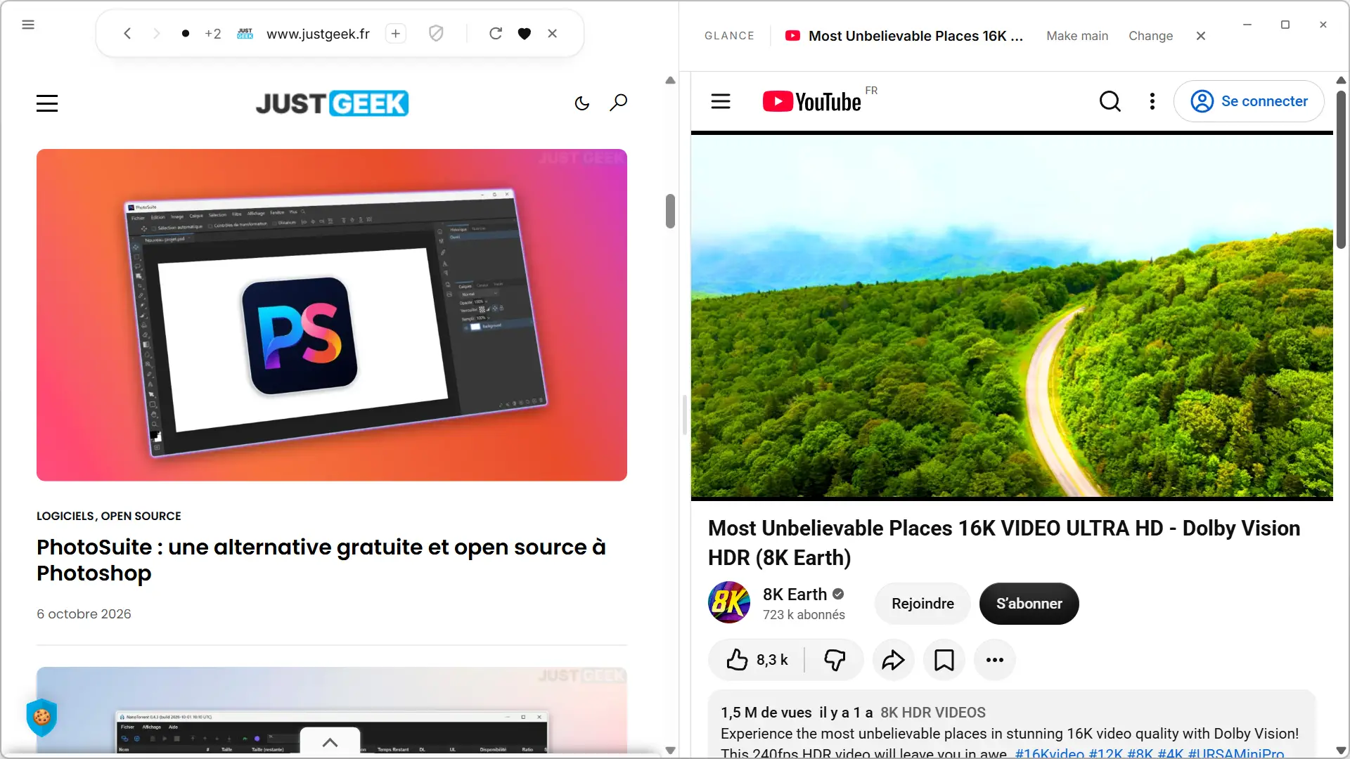 White Glance feature displays two web pages side by side