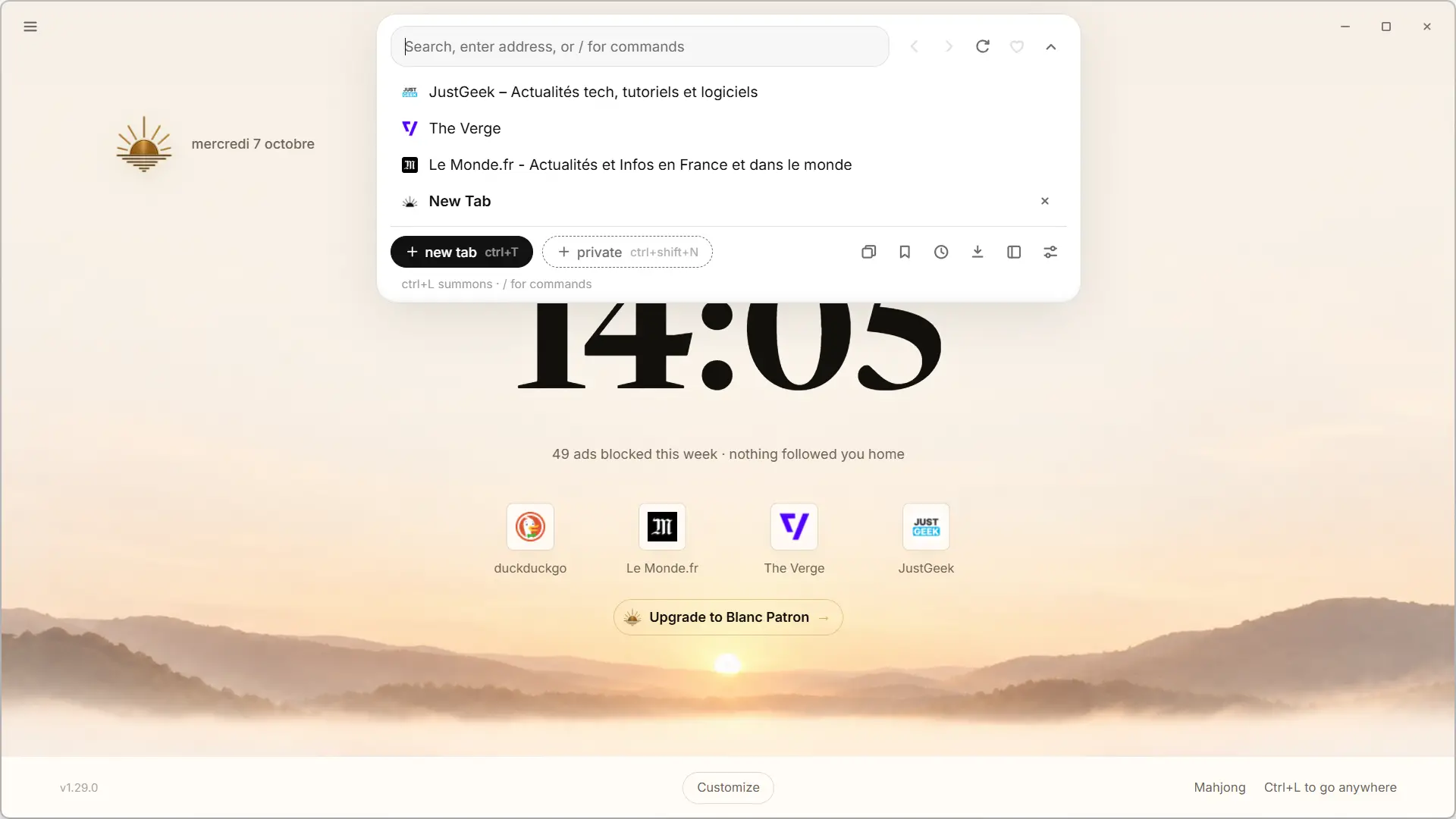 Blank open island with tabs, search and navigation shortcuts