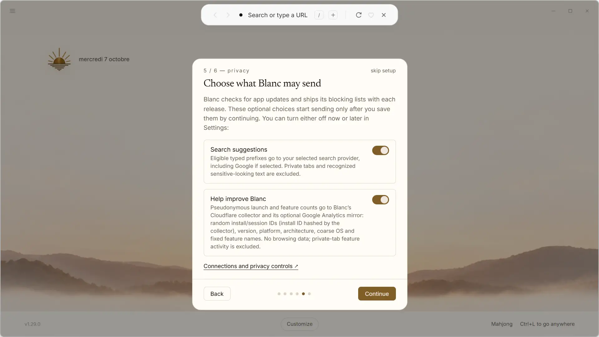Blanc privacy settings for search suggestions and usage data