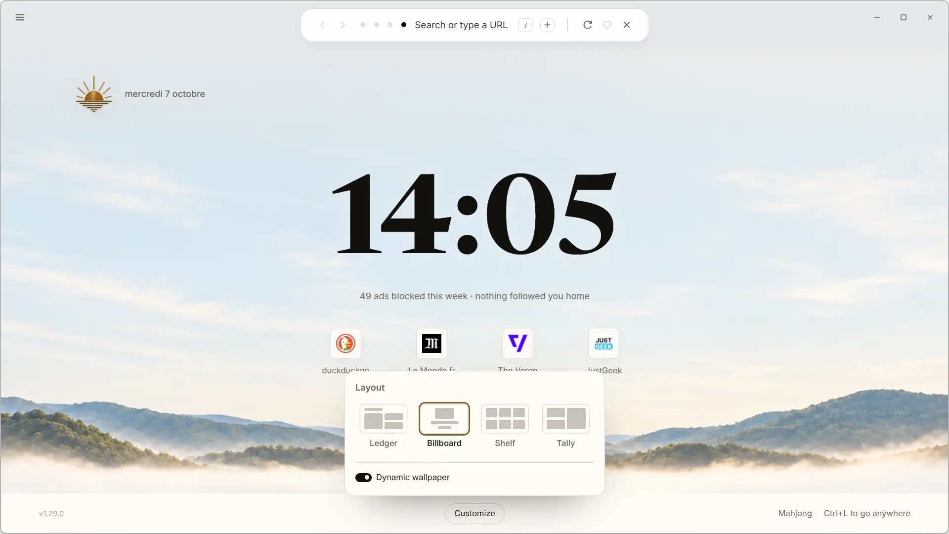 Blanc homepage customization with multiple layouts and dynamic wallpapers
