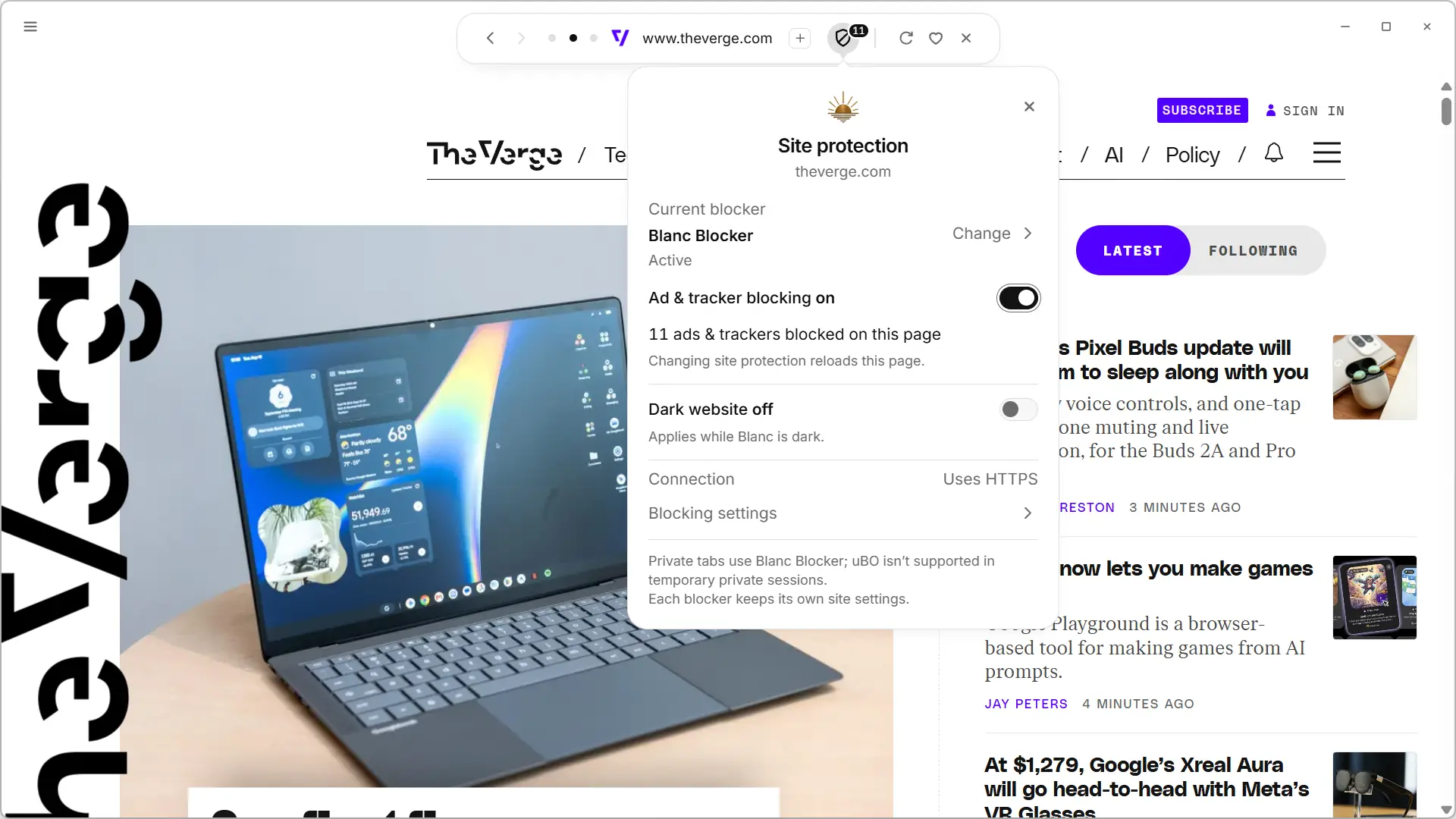 White protection panel showing blocked ads and trackers on a page