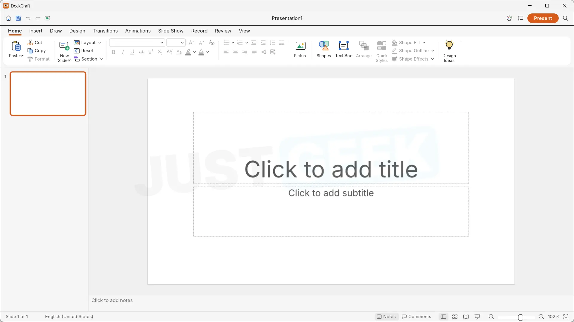 The DeckCraft interface displays a blank slide with a tool ribbon similar to Microsoft PowerPoint