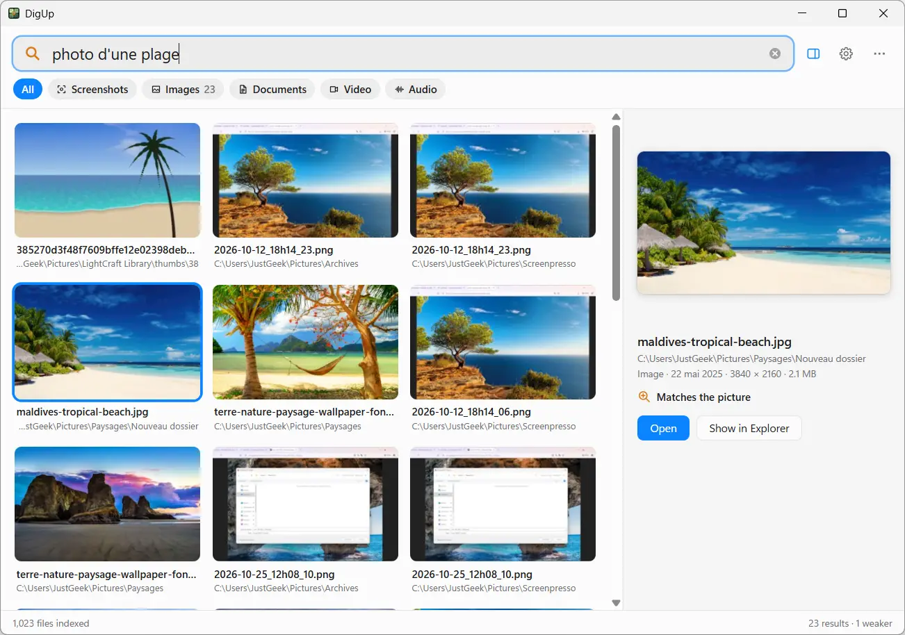 DigUp interface in Windows 11 showing the results of an AI search with the query “beach photo”, without knowing the file names