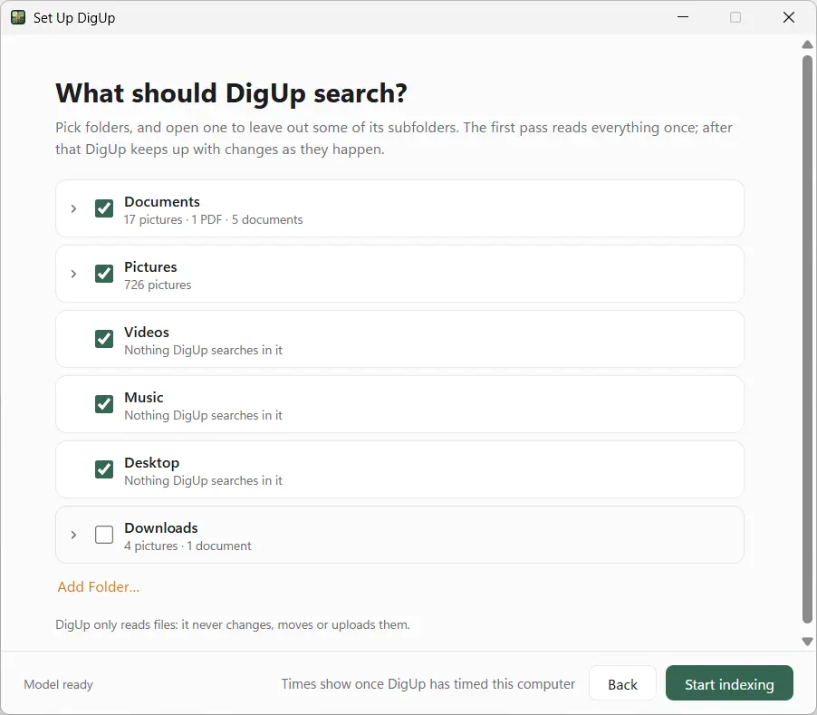 DigUp interface in Windows 11 that allows you to select folders to scan before starting file indexing