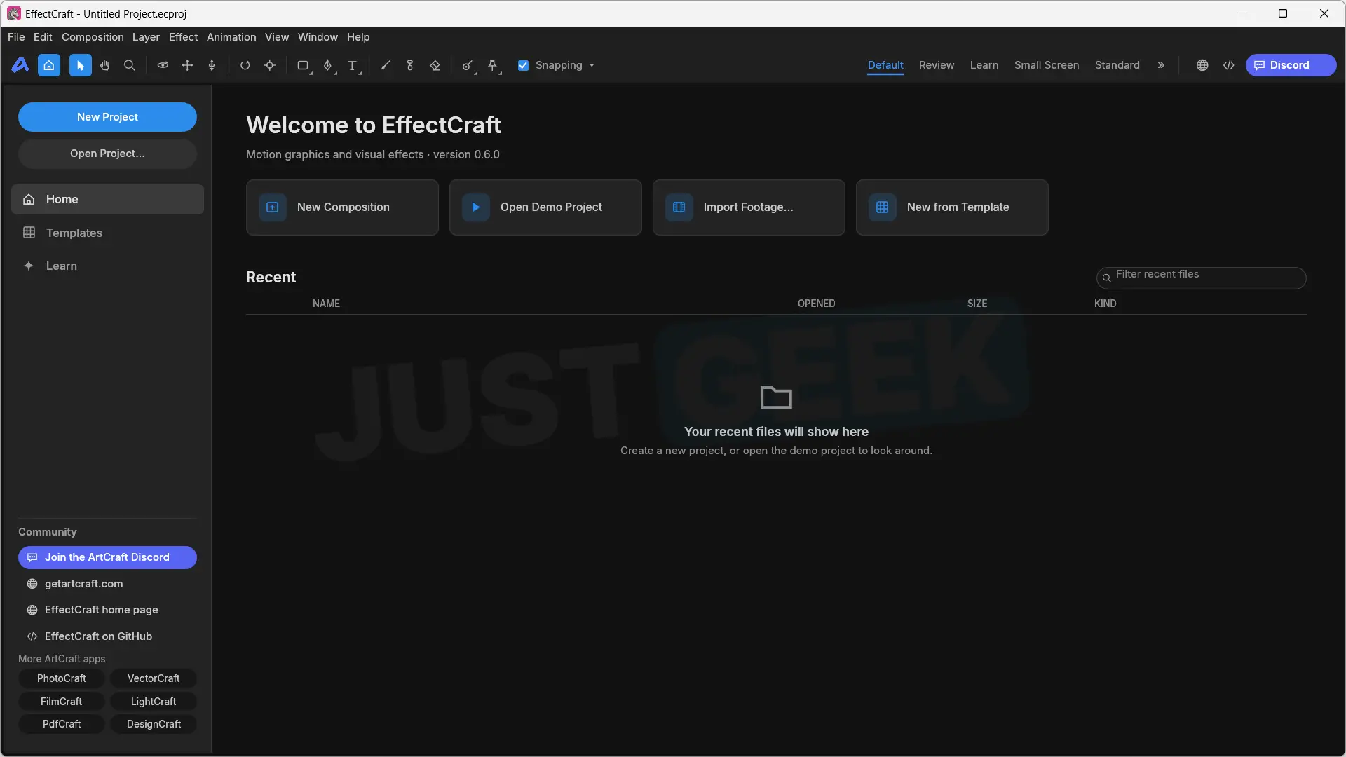 EffectCraft splash screen, open source software for creating animations and visual effects inspired by Adobe After Effects