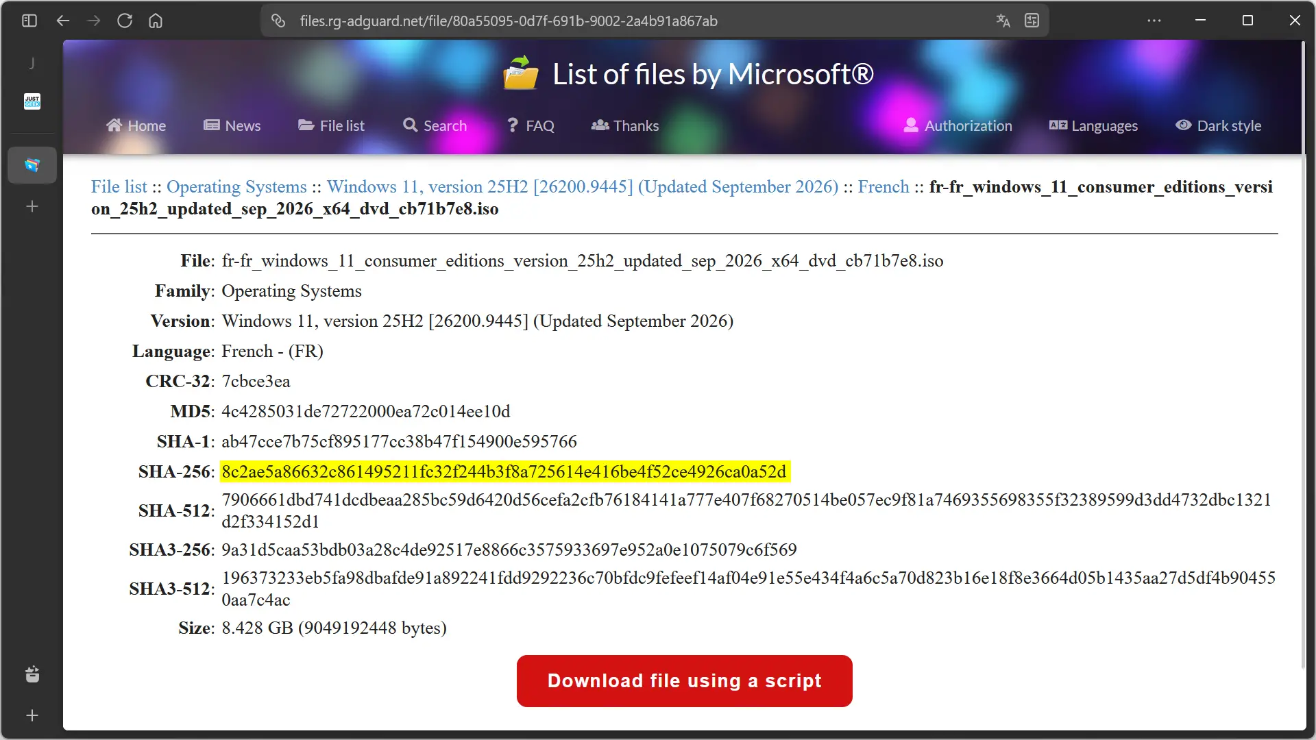 Windows 11 25H2 ISO sheet on rg-adguard with its build number 26200.9445 and its SHA-256 fingerprint highlighted