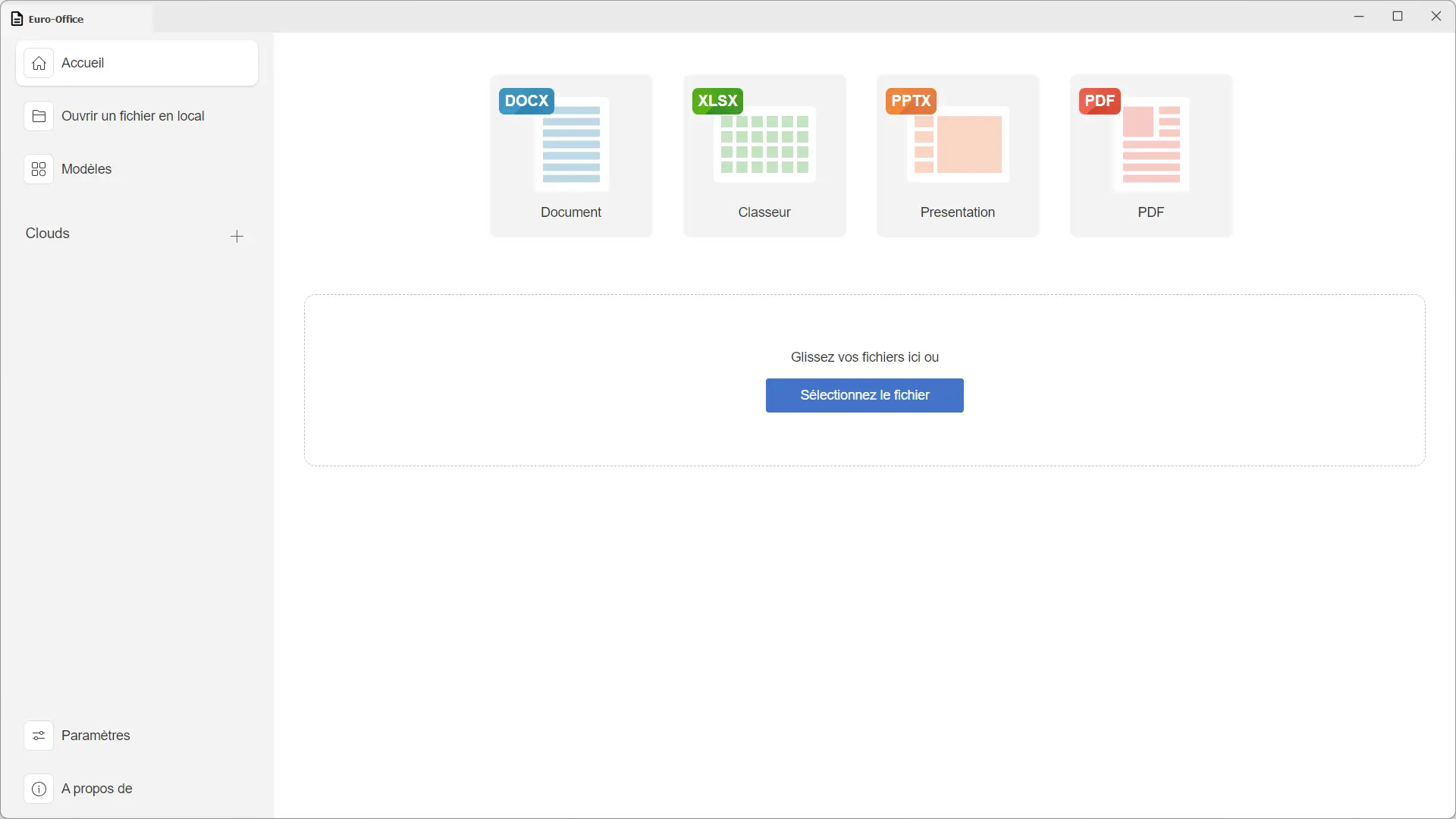 Euro-Office home screen to create documents, folders, presentations and PDF files or open a local file