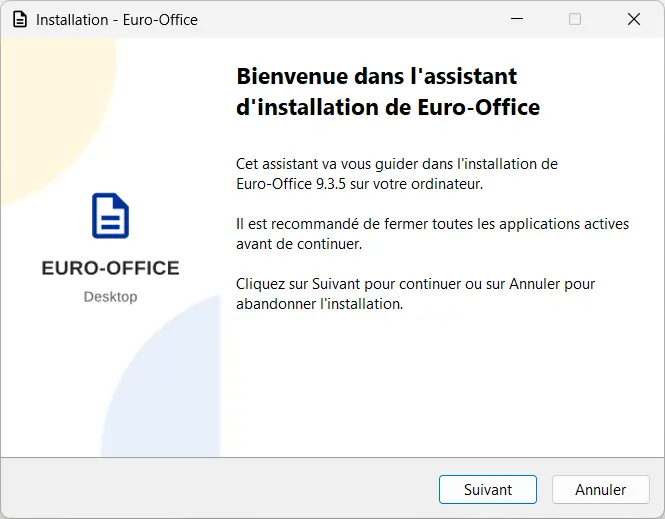 Welcome screen of the Euro-Office 9.3.5 installation wizard on Windows
