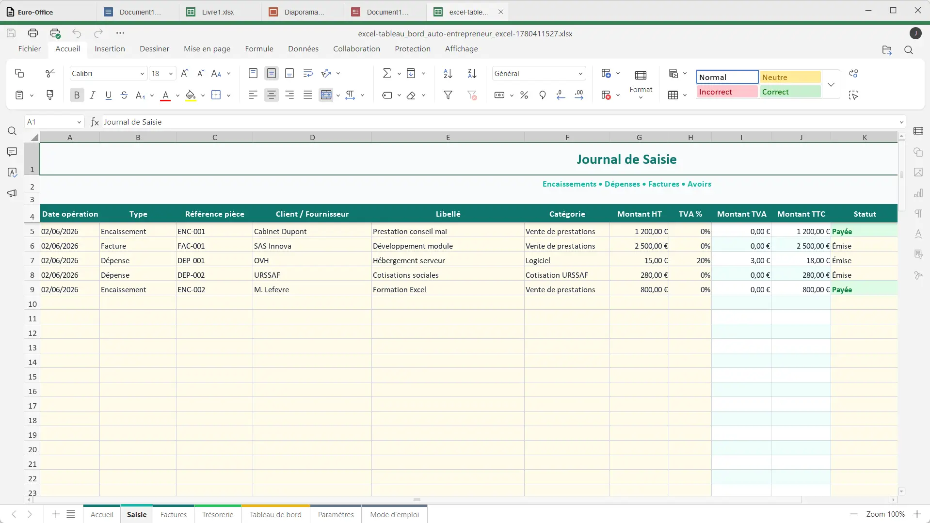 Euro-Office interface with several Word, Excel and PowerPoint documents open simultaneously in tabs at the top of the window