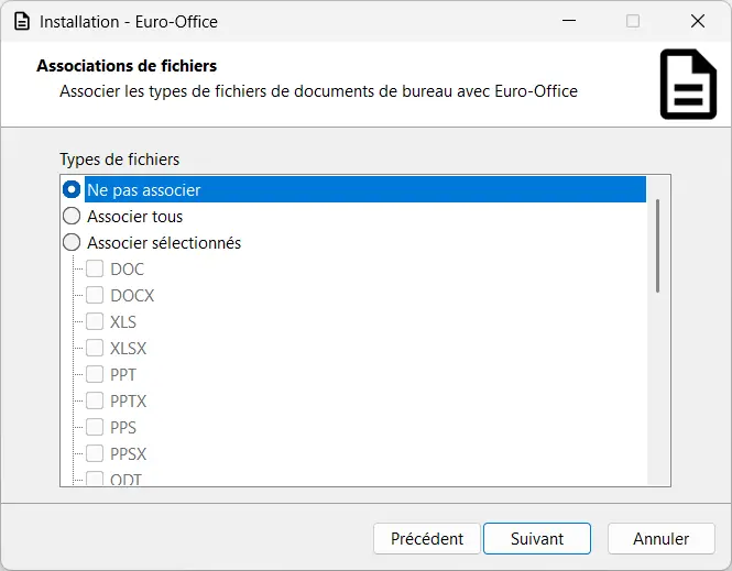 Choose associations of Word, Excel and PowerPoint files with Euro-Office during installation in Windows
