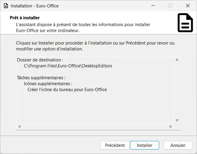 Euro-Office installation summary screen showing the destination folder and the Install button