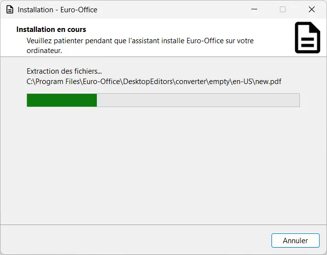 Installing Euro-Office on Windows with a progress bar indicating file extraction