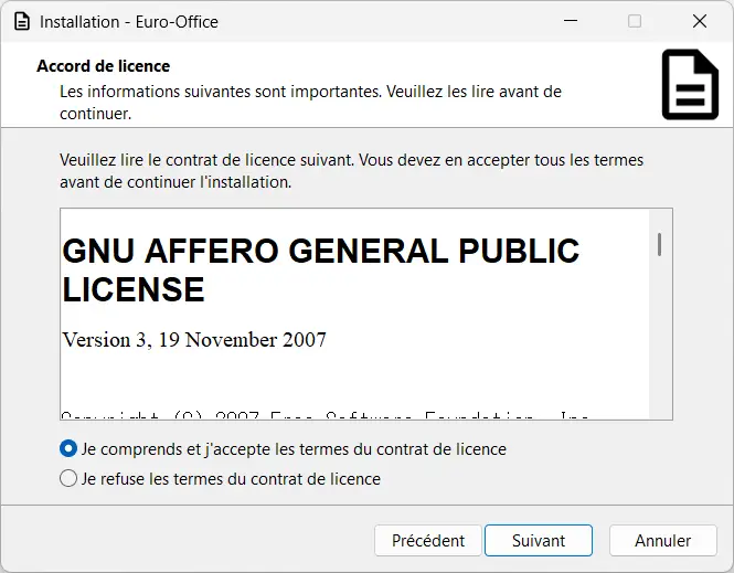 GNU AGPL version 3 license acceptance step when installing Euro-Office