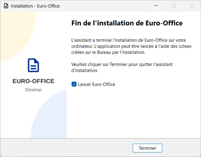 Final step of installing Euro-Office on Windows 11 with the option to launch the software