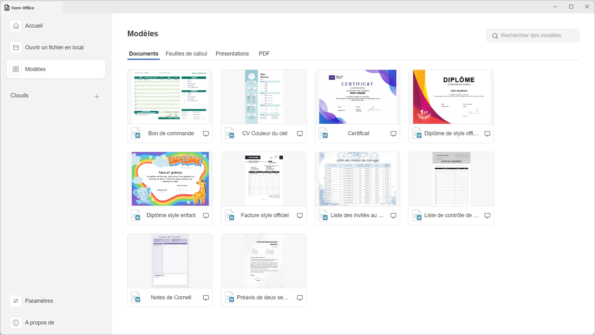 Euro-Office document template library offering CVs, invoices, certificates and diplomas