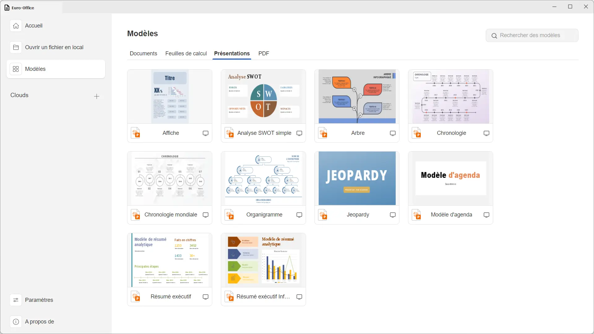 Euro-Office presentation template library with timelines, flowcharts and SWOT analysis slides