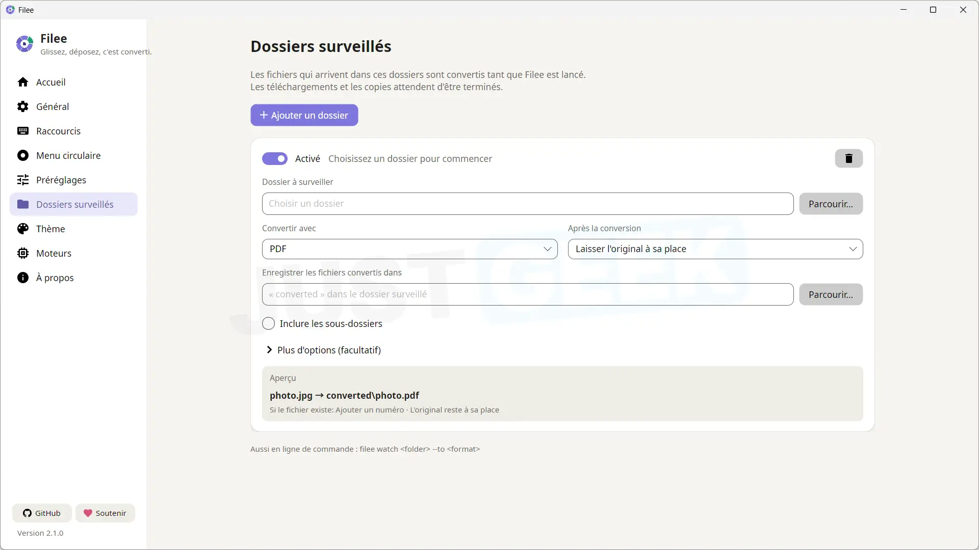 Set up a monitored folder in Filee with the choice of conversion format, destination folder and original file processing