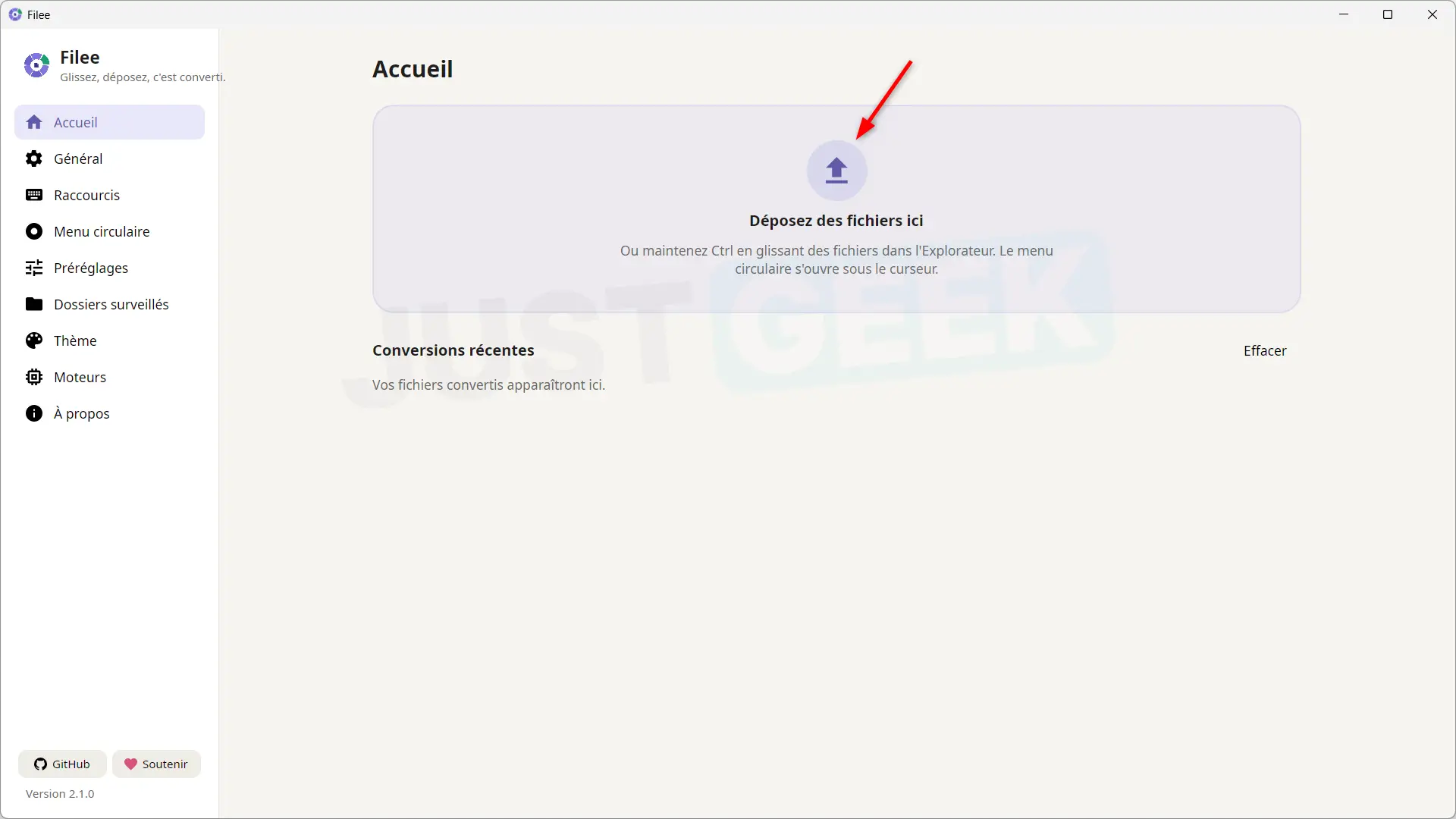 Filee home interface with drag and drop area to convert files and view recent conversions
