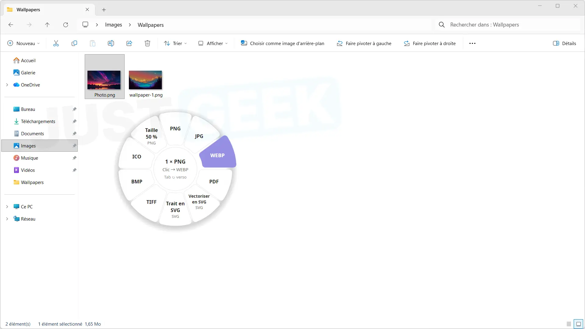 File conversion wheel in Windows Explorer to convert PNG images to WebP, JPG, PDF or other formats