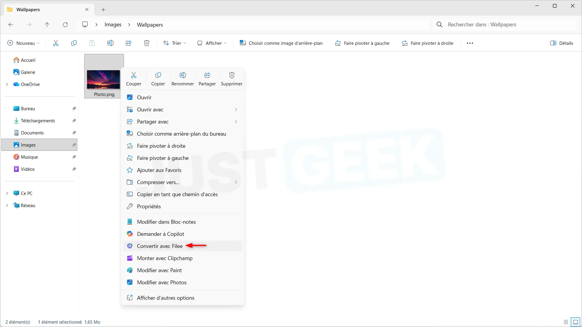 Windows 11 context menu showing “Convert with File” option after right-clicking an image in File Explorer
