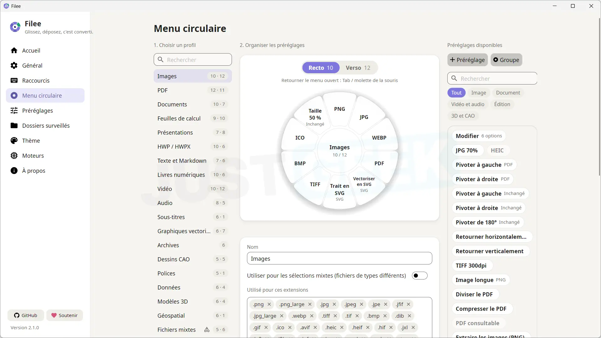 Filee pie menu customization interface with conversion formats, profiles and presets available