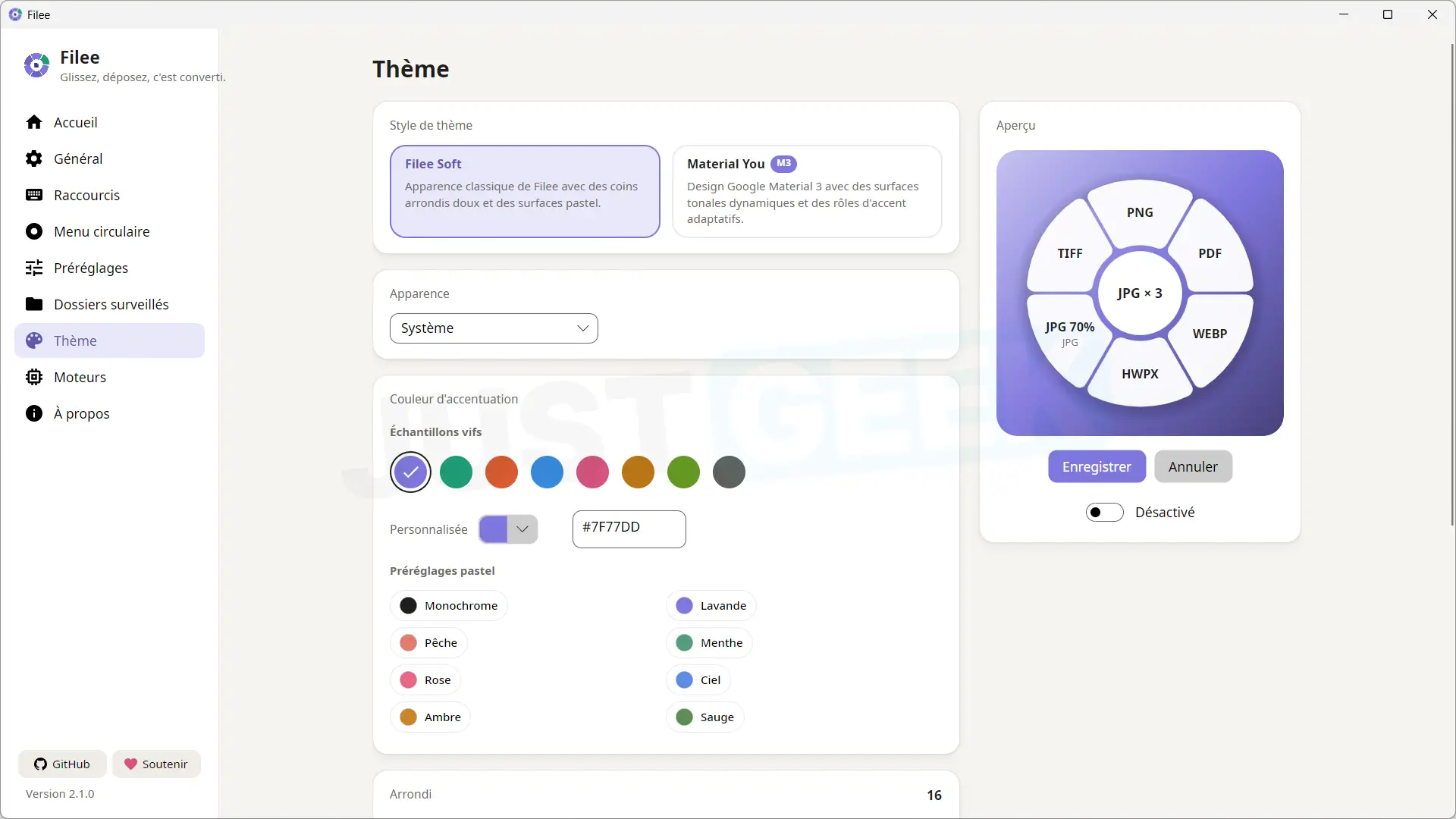 File appearance settings allow you to choose a theme, accent color, and customize the conversion wheel.