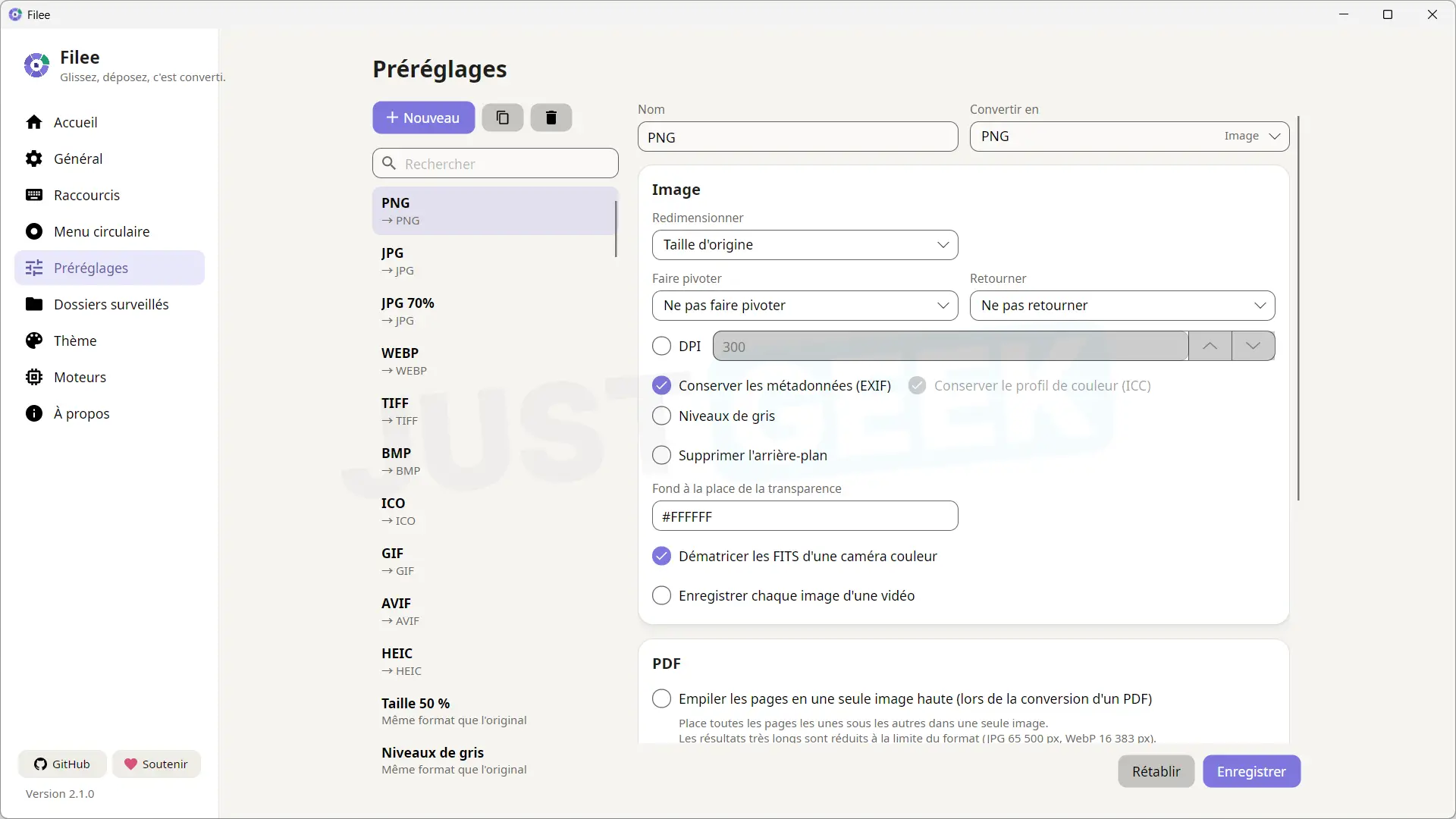 Filee presets to change the format, size, rotation and metadata of converted images