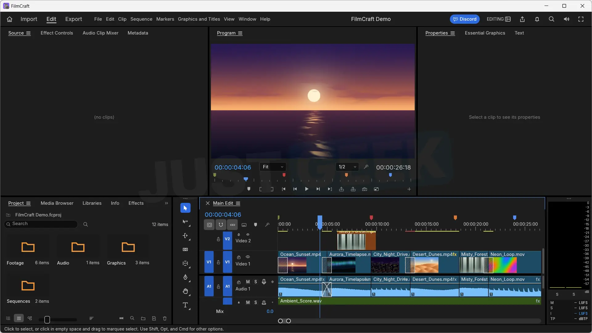 FilmCraft interface with video editing timeline, audio tracks and preview, inspired by Adobe Premiere Pro