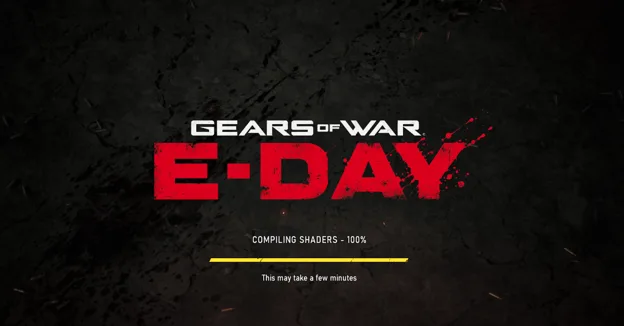Shader build screen in Gears of War: E-Day, with a 100% progress bar.