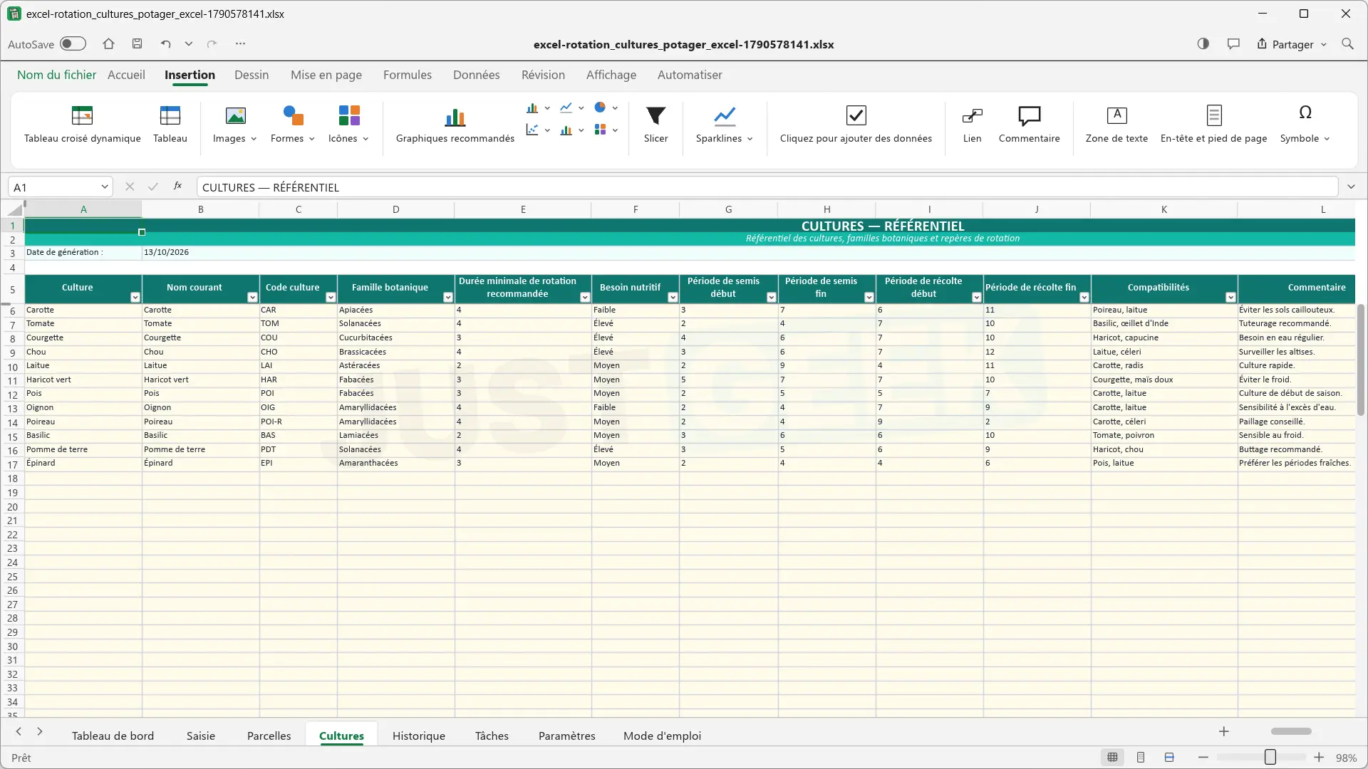 GridCraft interface with an Excel file open, showing a table of vegetable crop data and spreadsheet insertion tools.