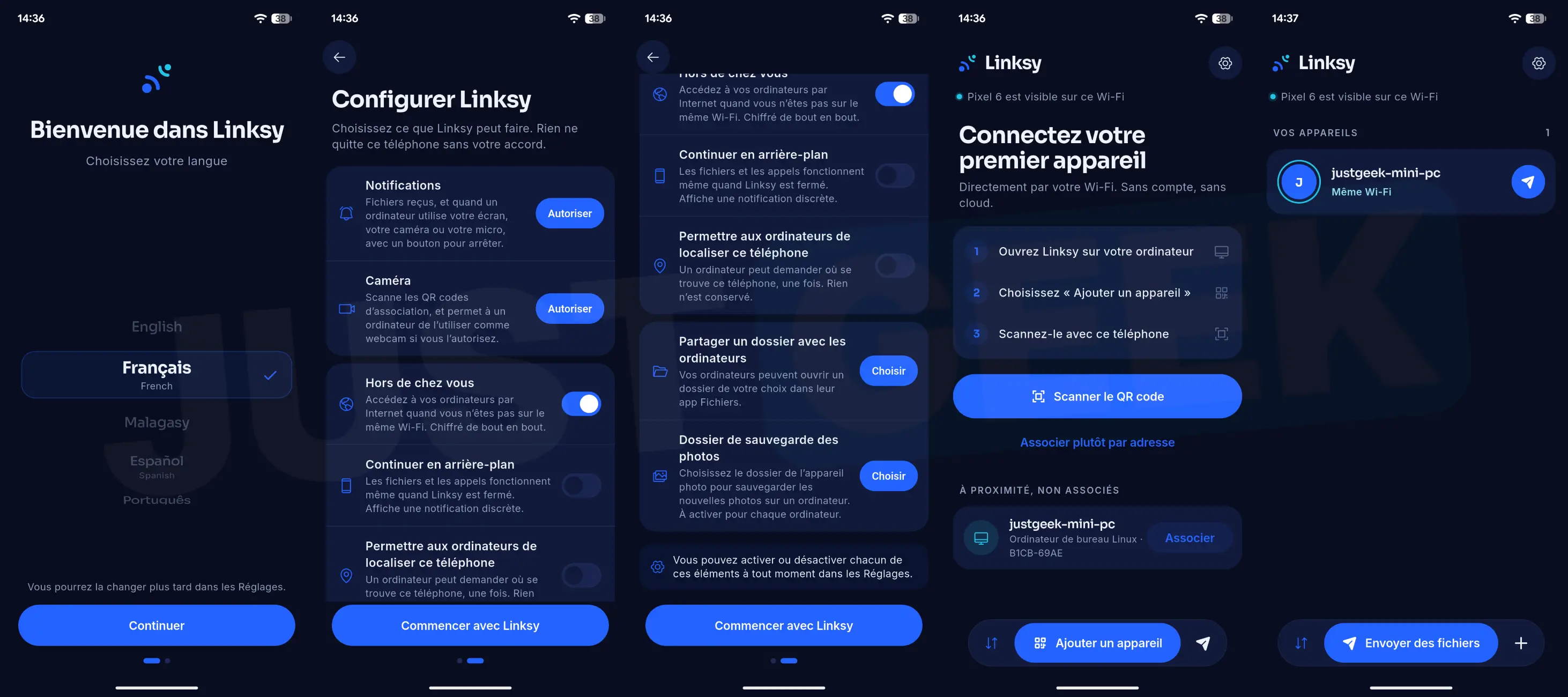 Steps to set up Linksy on Android, from choosing language and permissions to pairing a smartphone with a Linux PC