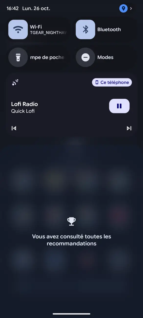 Android media player displaying Lofi radio station with play, pause and track change controls, remotely controllable with Linksy