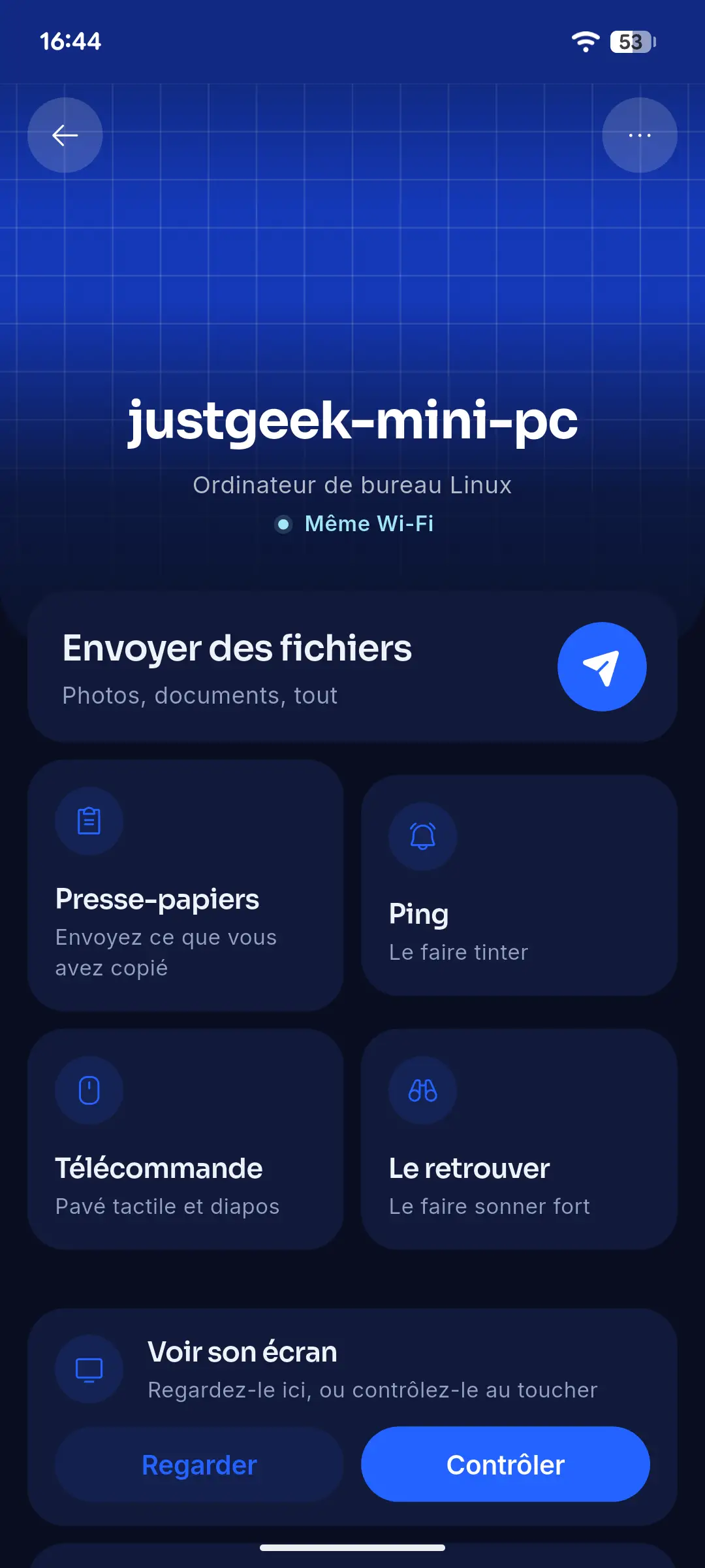 Linksy interface on Android showing options for file transfer, clipboard sharing, remote control, and remote control of a Linux PC